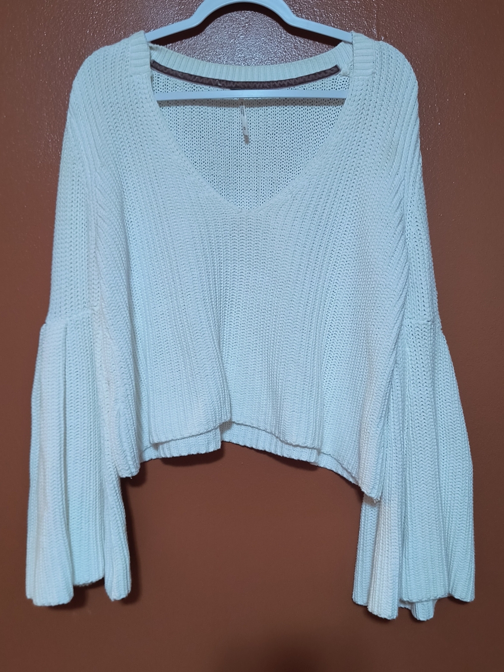 Free People Ivory V-Neck Bell Sleeve Sweater